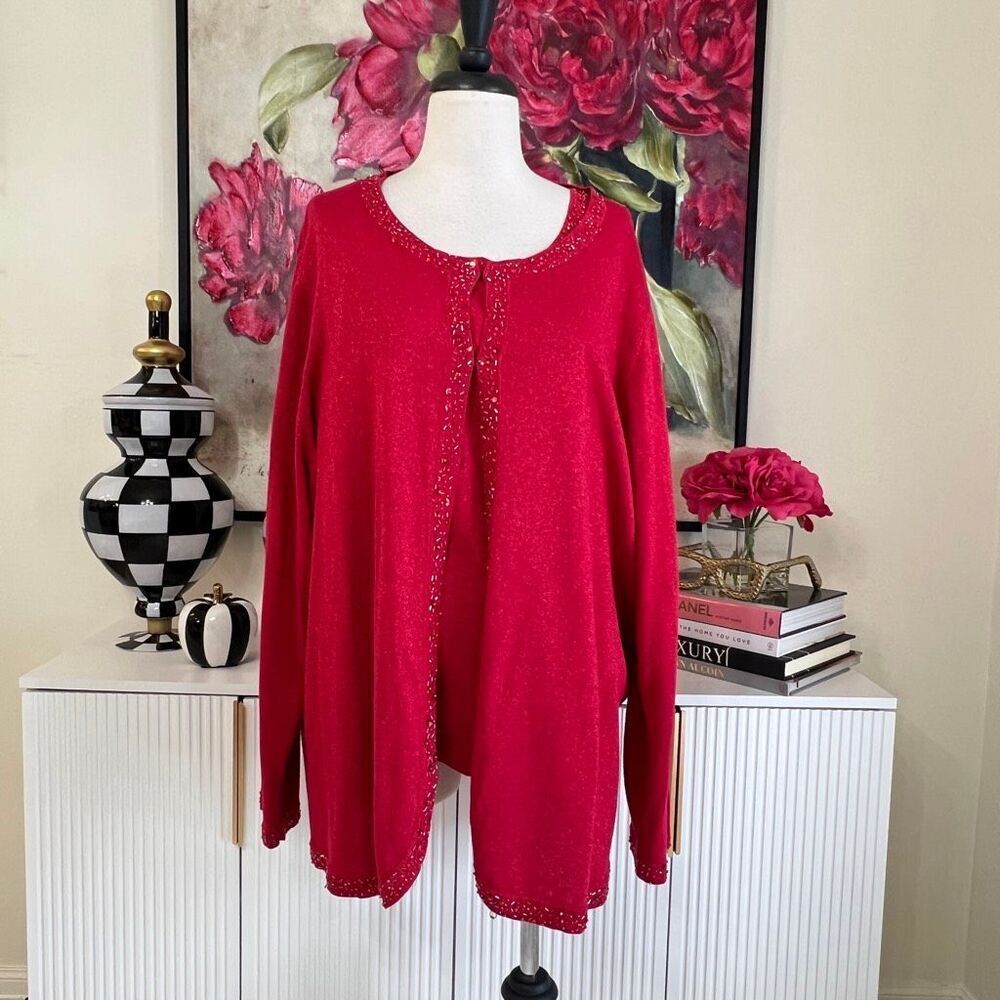 Maggie Barnes Women's Shimmer Knit Beaded Trim Tank & Cardigan Set Red 3X